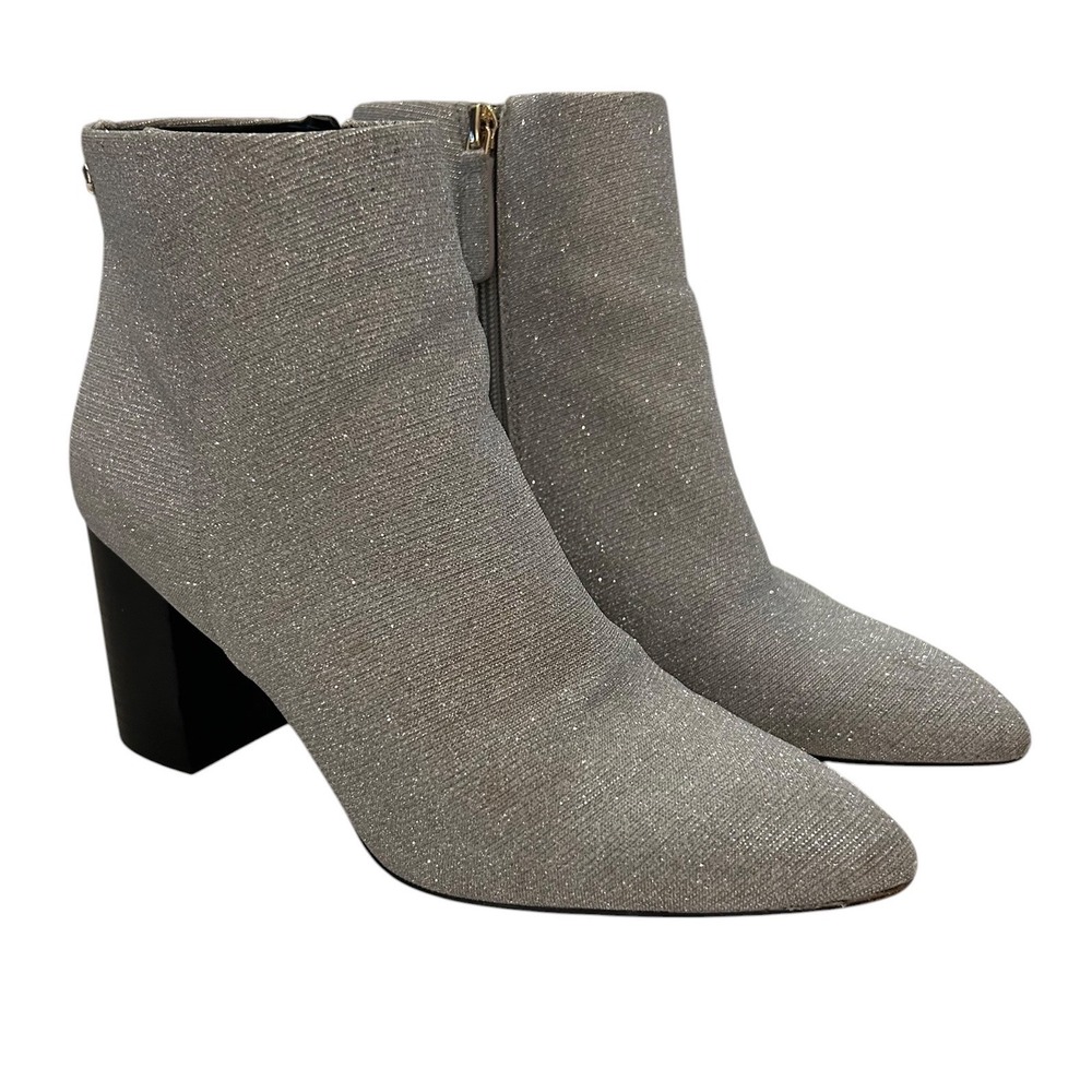 Kate Spade Giselle Silver Metallic Glitter Block Heel Booties 7.5B New York GLAM